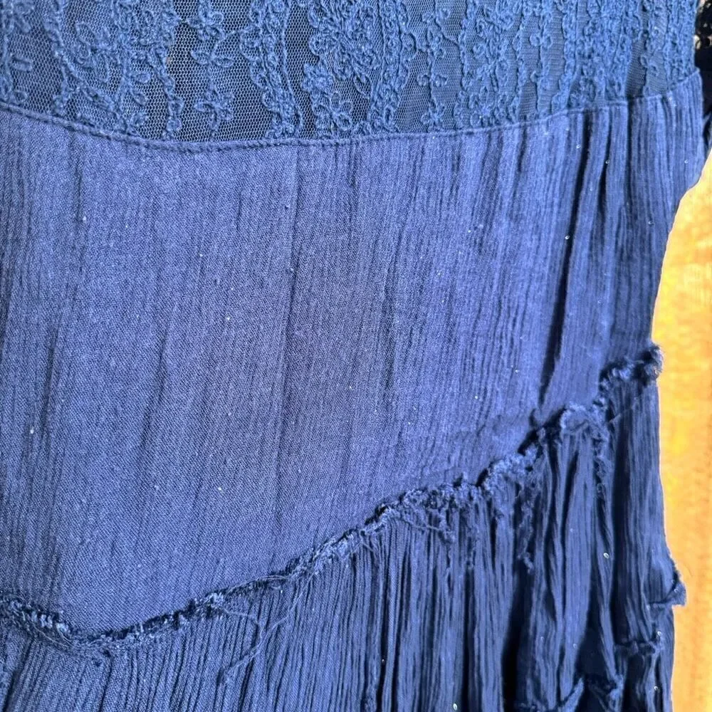 Free People Navy Blue Tiered Distressed Boho Lace Embroidered Dress Small